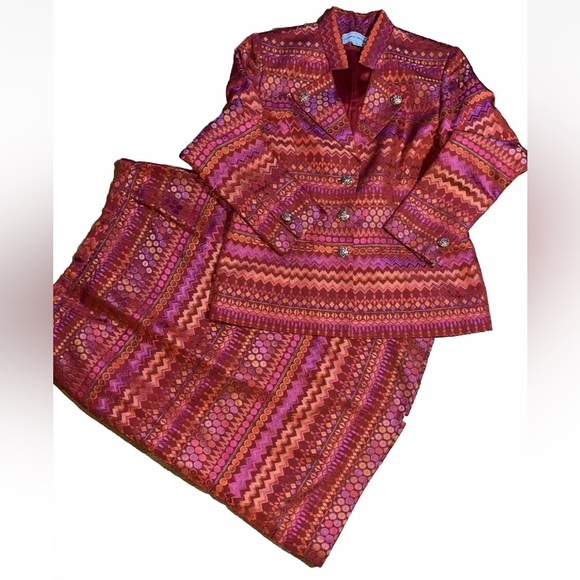 George Simonton 2PC Suit Jacquard Geometric Print Skirt & Jacket SZ 12 - Picture 2 of 14